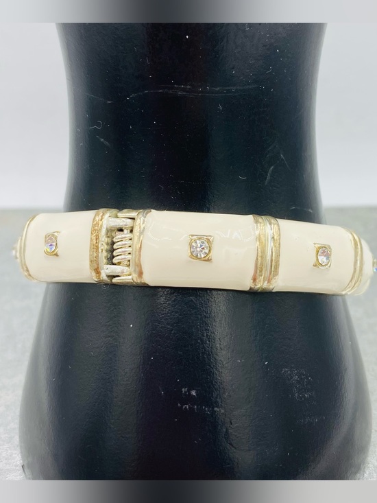 Jewelry - Cream Enamel Gold Tone Accents Clear Rhinestones Hinged Clamp Bangle Bracelet